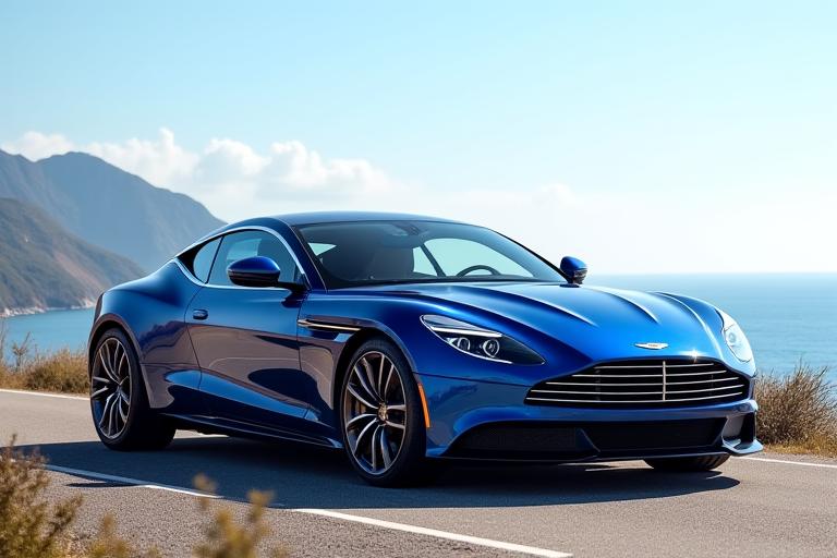 A luxurious blue GT car on a coastal road.