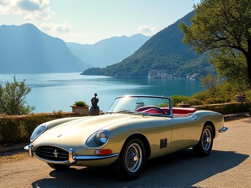 A classic sports car parked with a view over Lake Como, Italy.